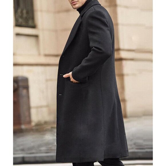Men's Black Slim Fit Notched Collar Long Casual Trench Coat with Pocket - Picture 6 of 6